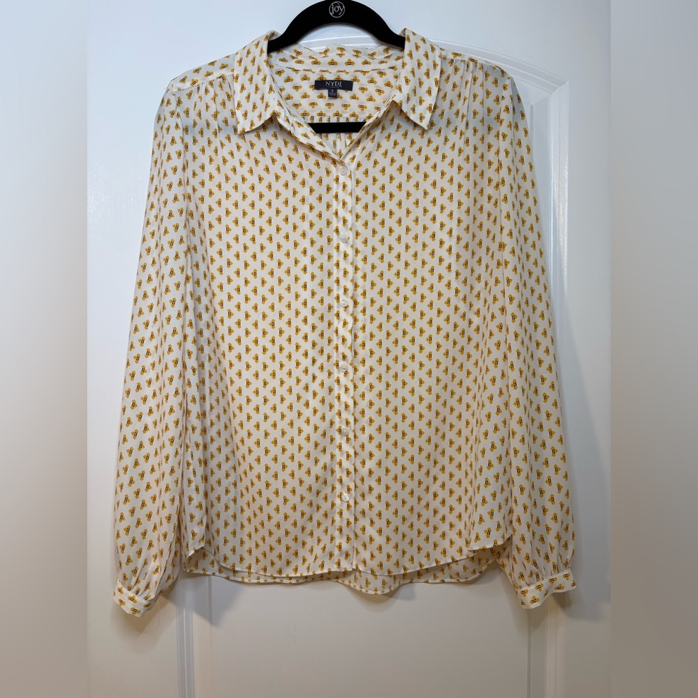 NYDJ White and Yellow Geometric Button Down Shirt